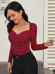 Kotty Maroon Polka Dot Printed Sweetheart Neck Puff Sleeve Crepe Top