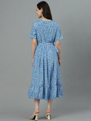 Kotty Blue Floral Printed Fit & Flare Midi Dress