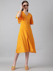 Kotty Yellow & White Polka Dots Printed Flared Sleeves A-Line Midi Dress