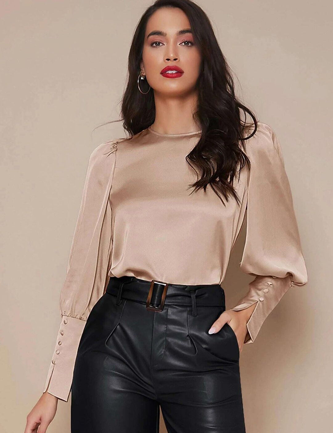 KOTTY BIZwear Beige Puff Sleeves Satin Top