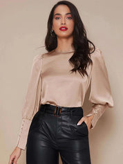 KOTTY BIZwear Beige Puff Sleeves Satin Top