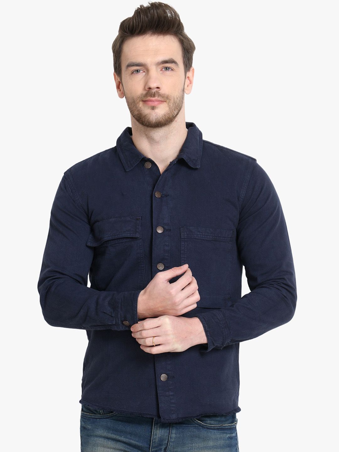 Kotty Men Blue Solid Denim Jacket