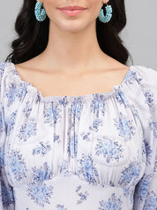 Kotty Floral Printed Puff Sleeve Gathered or Pleated Crepe Fit & Flare Midi Dress