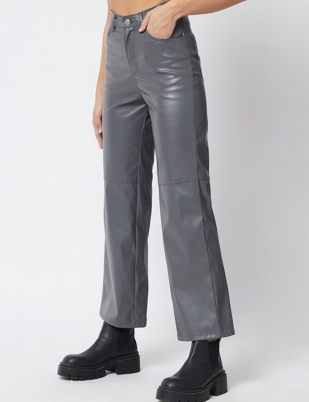 Kotty Women Grey Relaxed Straight Fit High-Rise Trousers