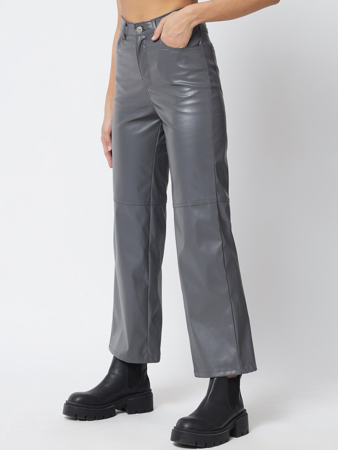 Kotty Women Grey Relaxed Straight Fit High-Rise Trousers