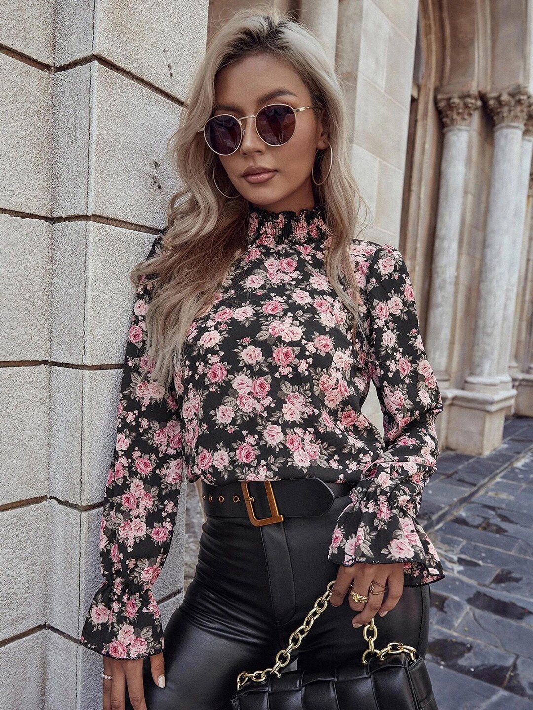 Kotty Women Black & Pink Floral Print Crepe Top