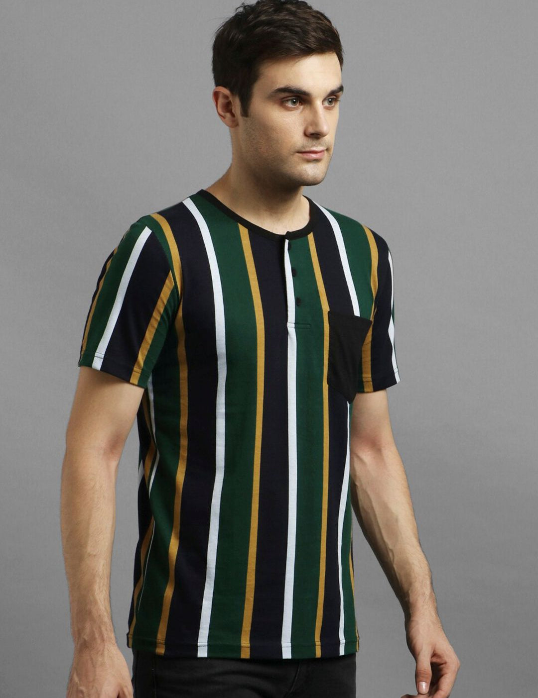 Kotty Men Green Striped Henley Neck T-shirt