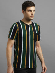Kotty Men Green Striped Henley Neck T-shirt