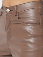 Kotty Women Brown Relaxed Straight Fit PU Leather Parallel Trousers