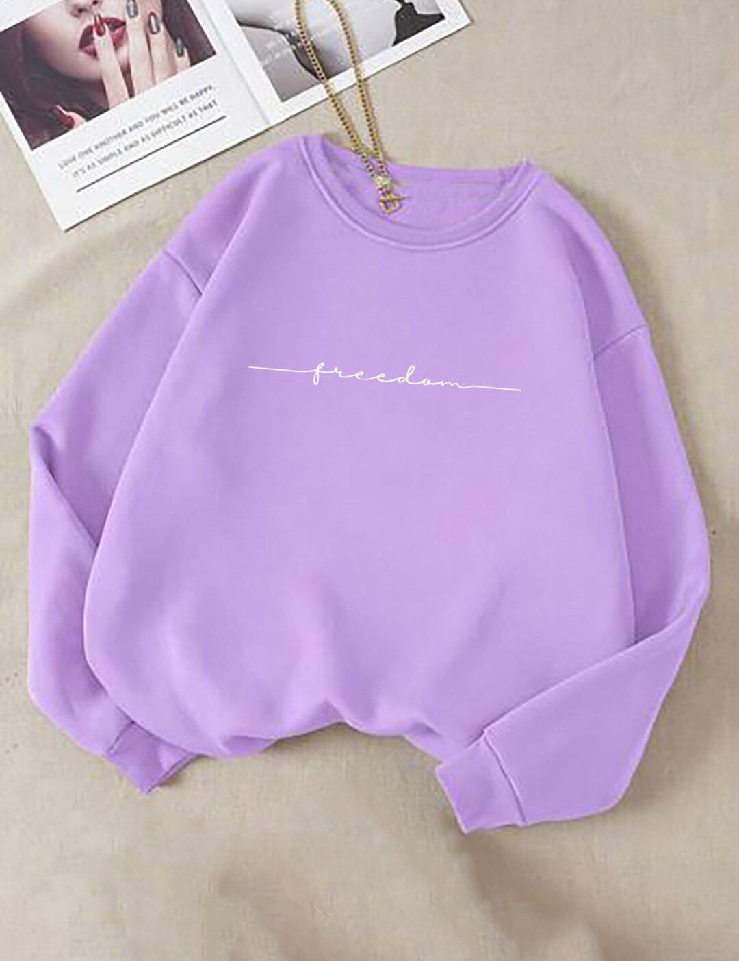 Kotty Typography Printed Round Neck Fleece Pullover Sweatshirt