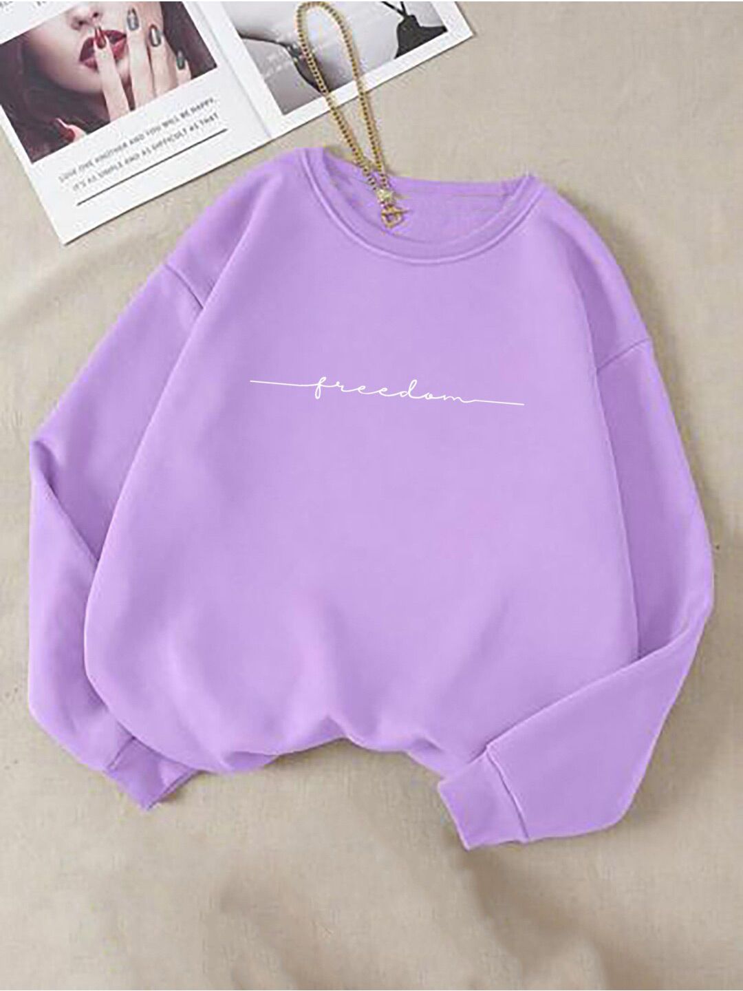 Kotty Typography Printed Round Neck Fleece Pullover Sweatshirt