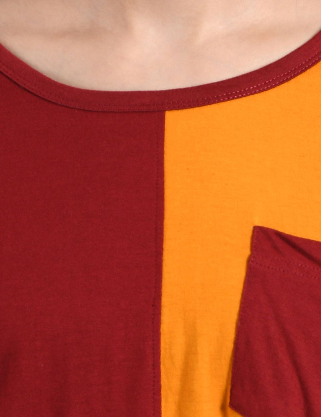 Kotty Women Maroon & Orange Colourblocked Round Neck T-shirt