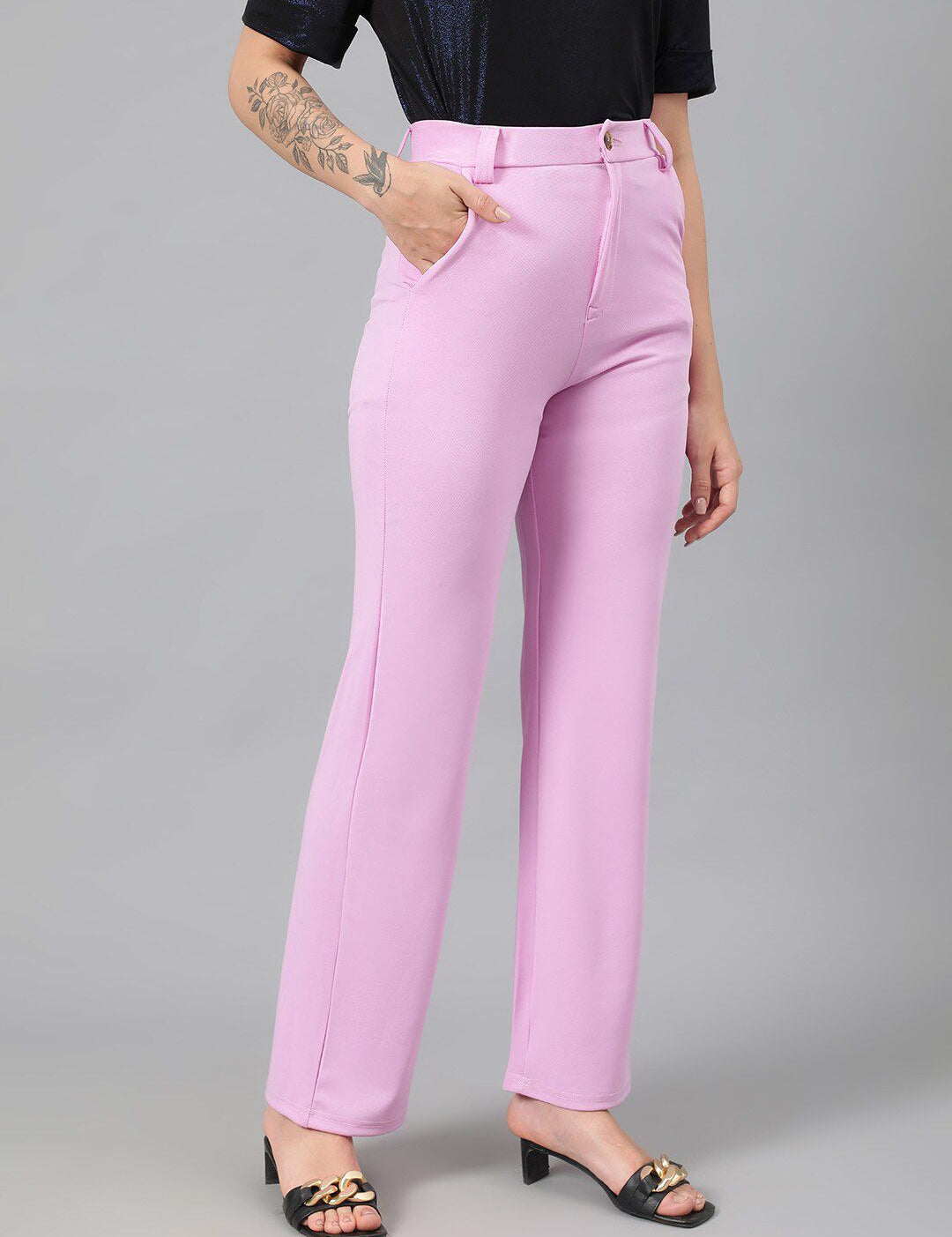 Kotty Women Purple Relaxed Straight Leg Fit High-Rise Easy Wash Trousers