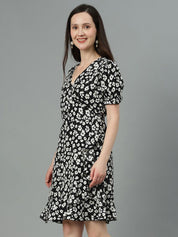 Kotty Floral Printed V-Neck Puff Sleeves Crepe Wrap Dress