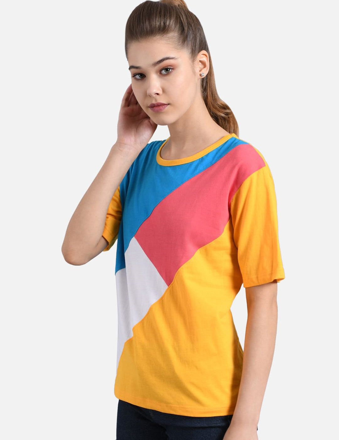 Kotty Women Yellow & Blue Colourblocked Round Neck T-shirt