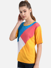 Kotty Women Yellow & Blue Colourblocked Round Neck T-shirt