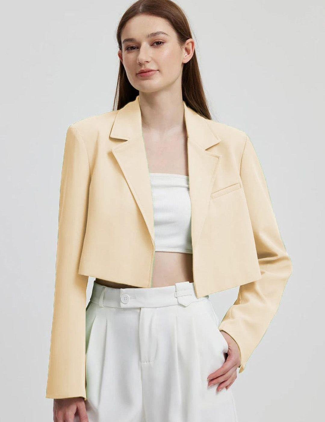 Kotty Beige Crop Notched Lapel Collar Regular Fit Blazer