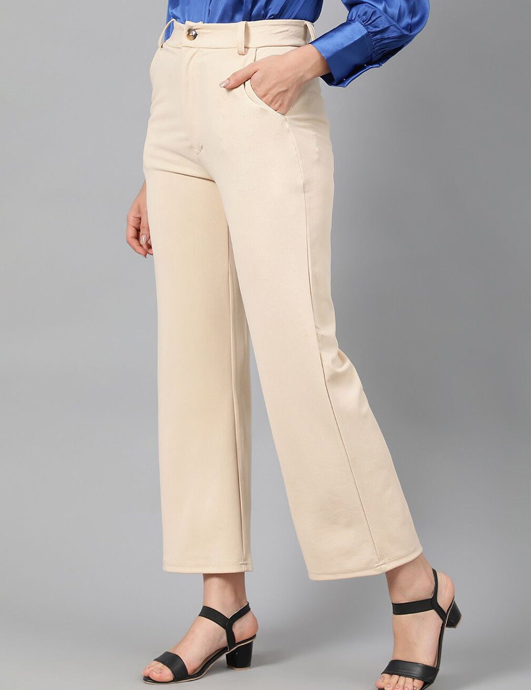 KOTTY BIZwear Women Beige Relaxed Straight Leg Fit High-Rise Easy Wash Trousers