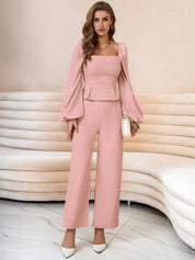 Kotty Square Neck Puff Sleeves Top With Trousers