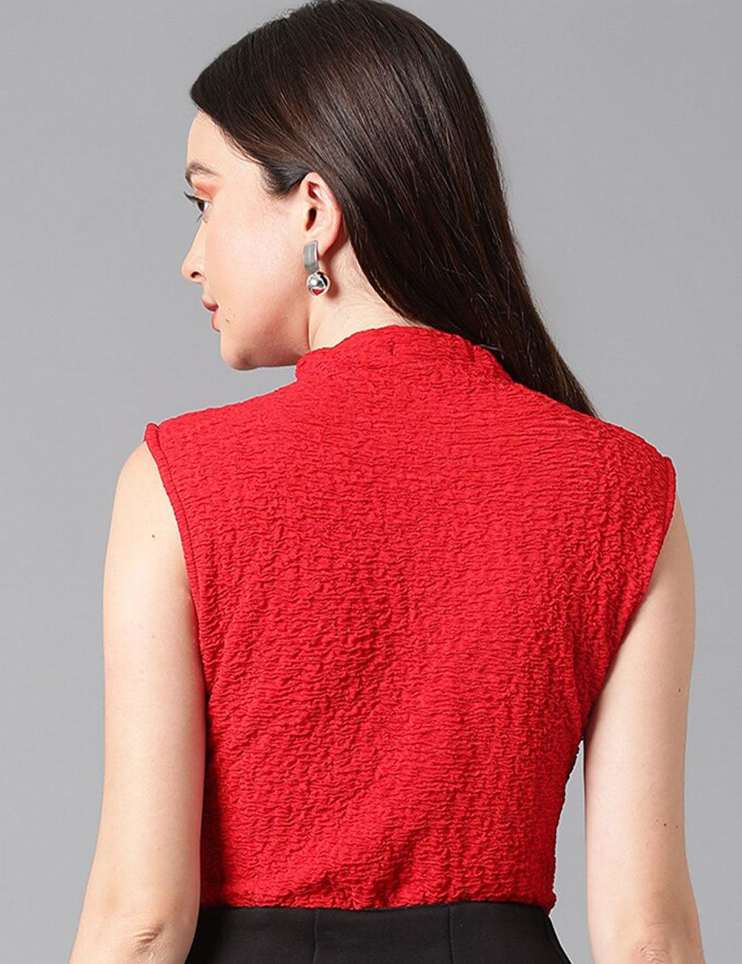 Kotty High Neck Self Design Satin Crop Top