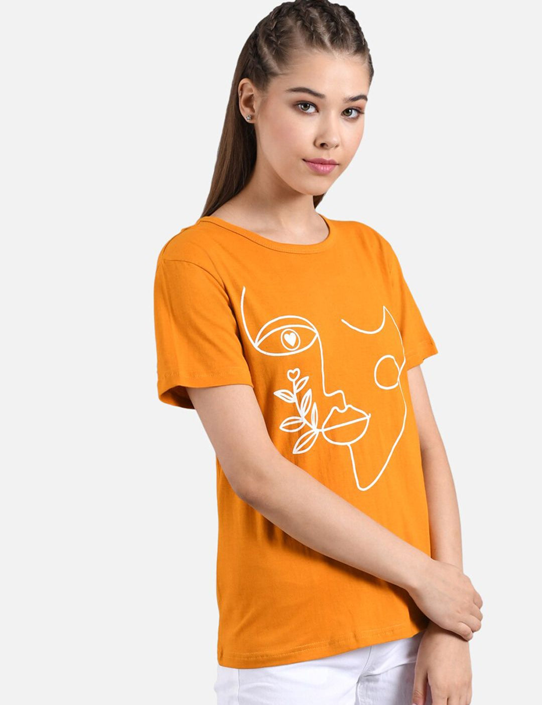 Kotty Women Orange & White Printed Round Neck T-shirt