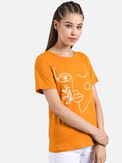Kotty Women Orange & White Printed Round Neck T-shirt