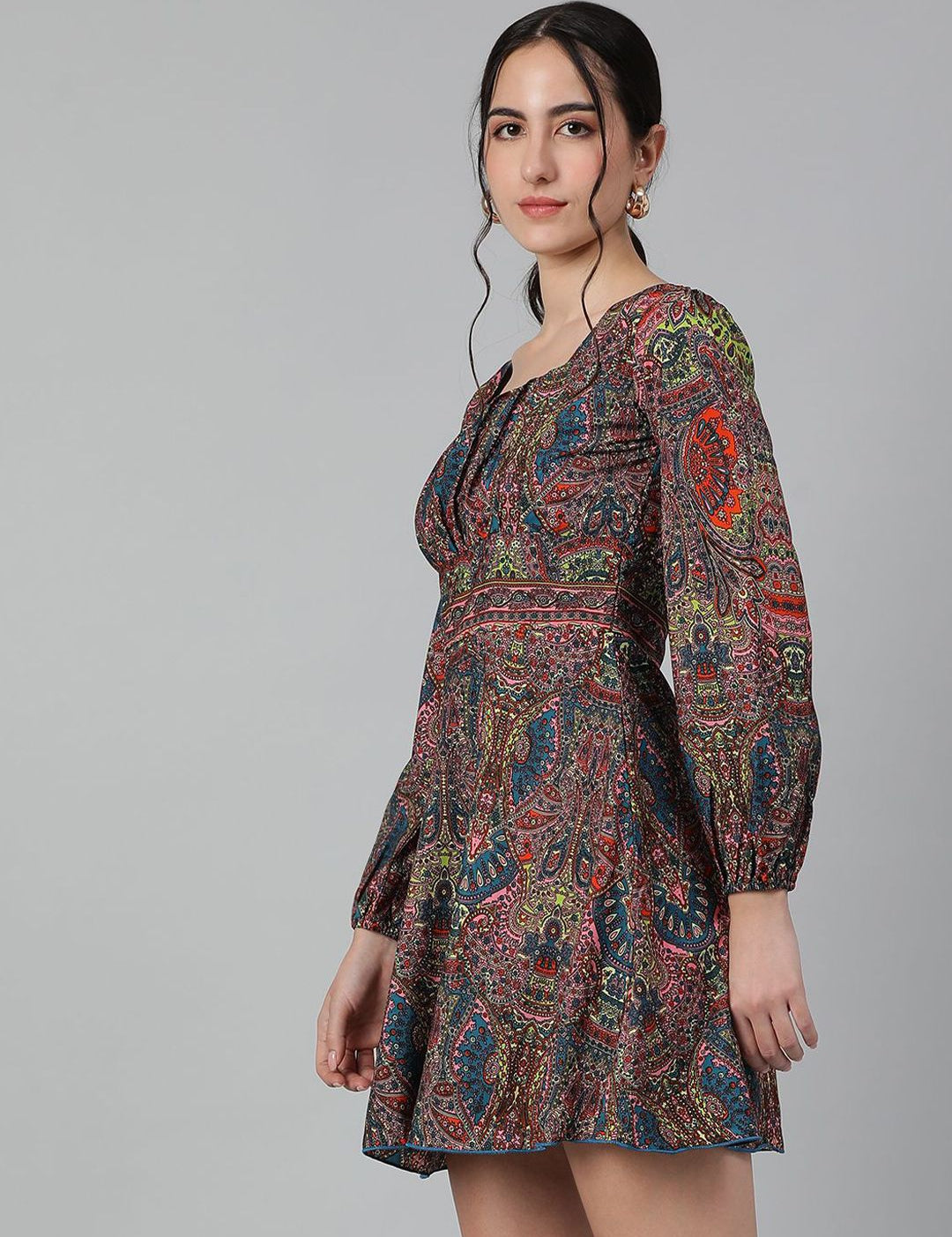 Kotty Ethnic Motifs Printed Square Neck Puff Sleeves Fit & Flare Dress