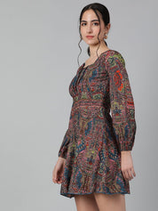 Kotty Ethnic Motifs Printed Square Neck Puff Sleeves Fit & Flare Dress