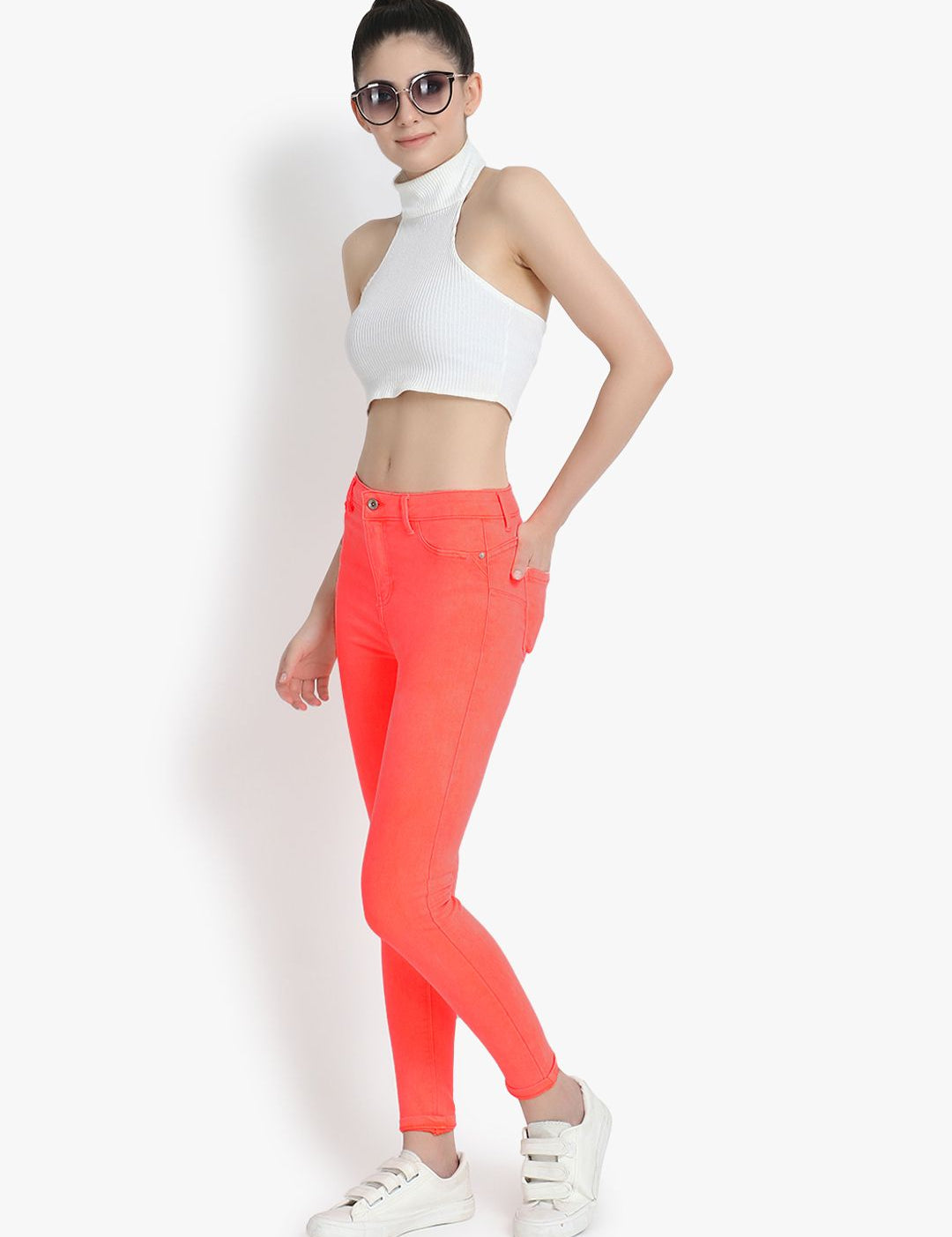 Kotty Women Orange Skinny Fit High-Rise Clean Look Cropped Jeans