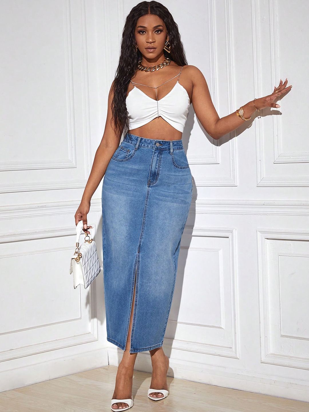 Kotty Straight Midi Denim Skirt