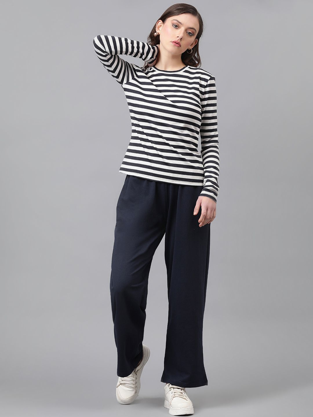 KOTTY Basics Striped Monochrome Round Neck Cotton Top