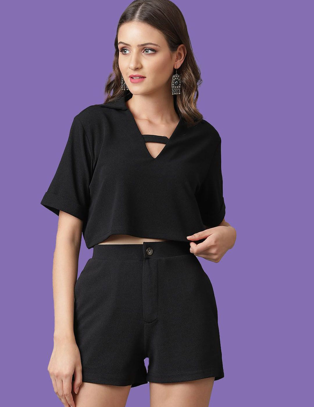 Kotty Black Shirt Collar Top & Shorts