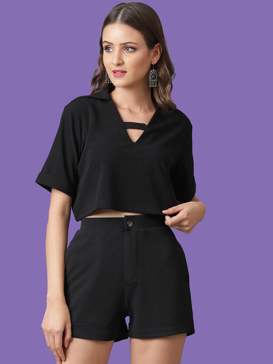 Kotty Black Shirt Collar Top & Shorts