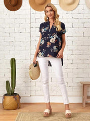 Kotty Navy Blue Floral Print Mandarin Collar Crepe Top