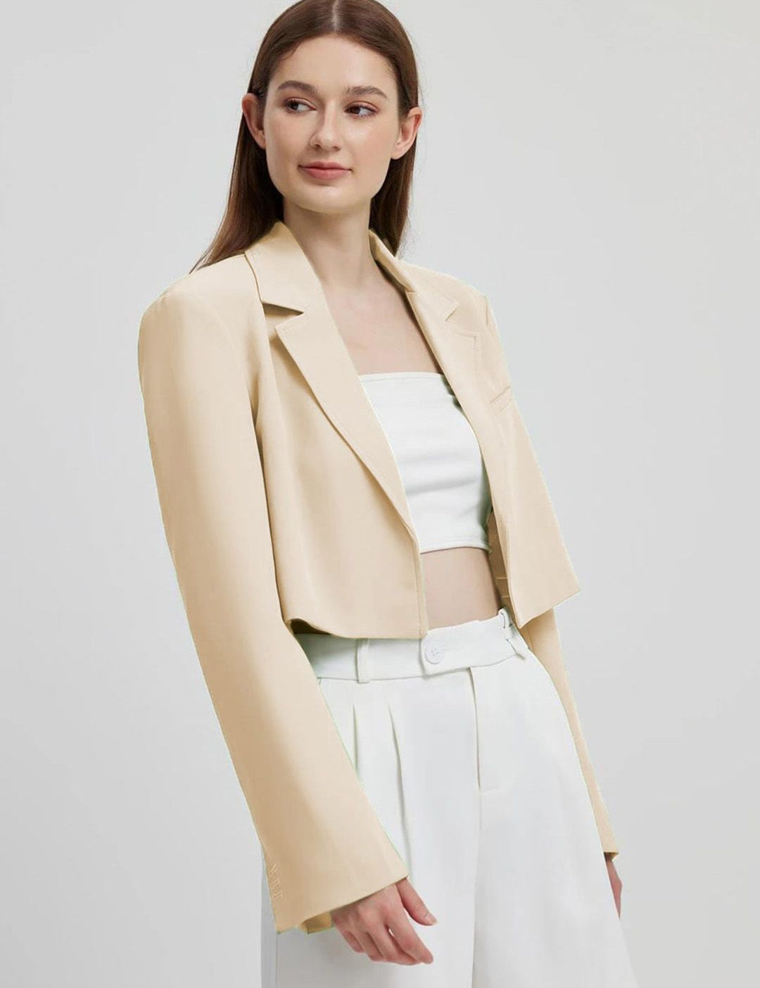 Kotty Beige Crop Notched Lapel Collar Regular Fit Blazer