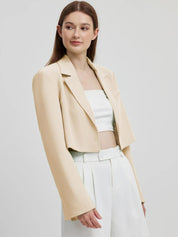 Kotty Beige Crop Notched Lapel Collar Regular Fit Blazer