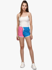 Kotty Women Pink And Blue Colourblocked Regular Fit Hot Pants