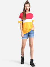 Kotty Women Peach-Coloured & White Colourblocked Round Neck T-shirt