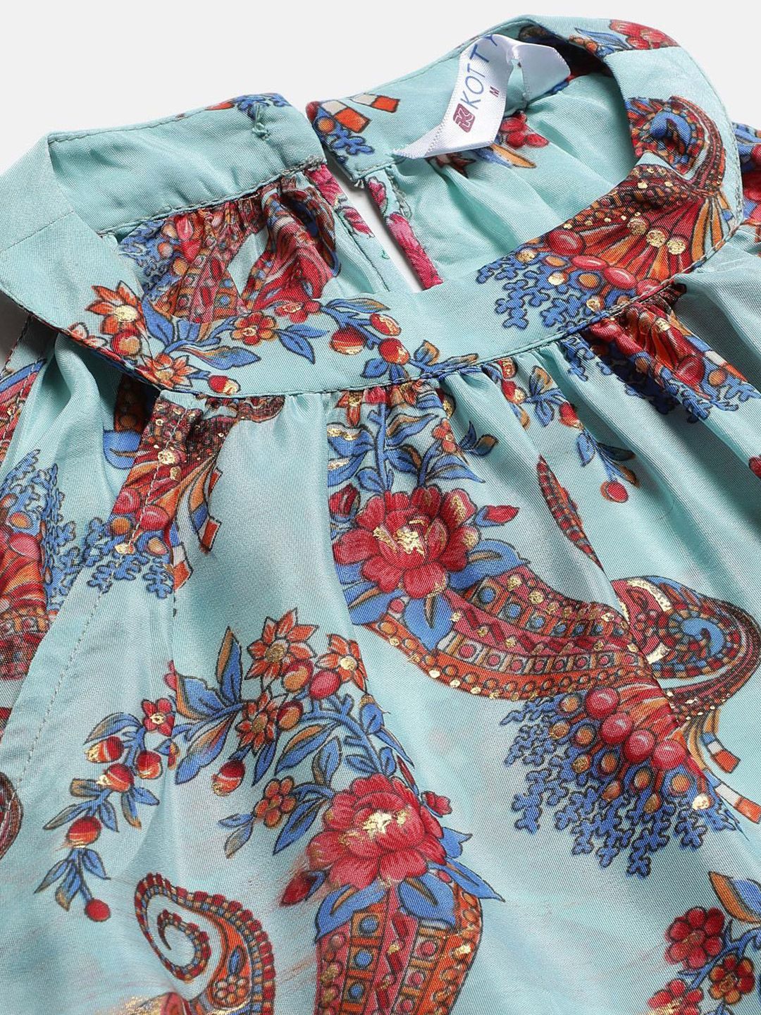 Kotty  Turoquise Blue and Orange Ethnic Printed Tiered Halter Neck Fit & Flare Dress