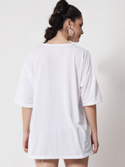Kotty Women White Typography Printed Extended Sleeves Oversized T-shirt