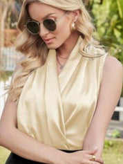 Kotty Beige Shawl Collar Satin Top