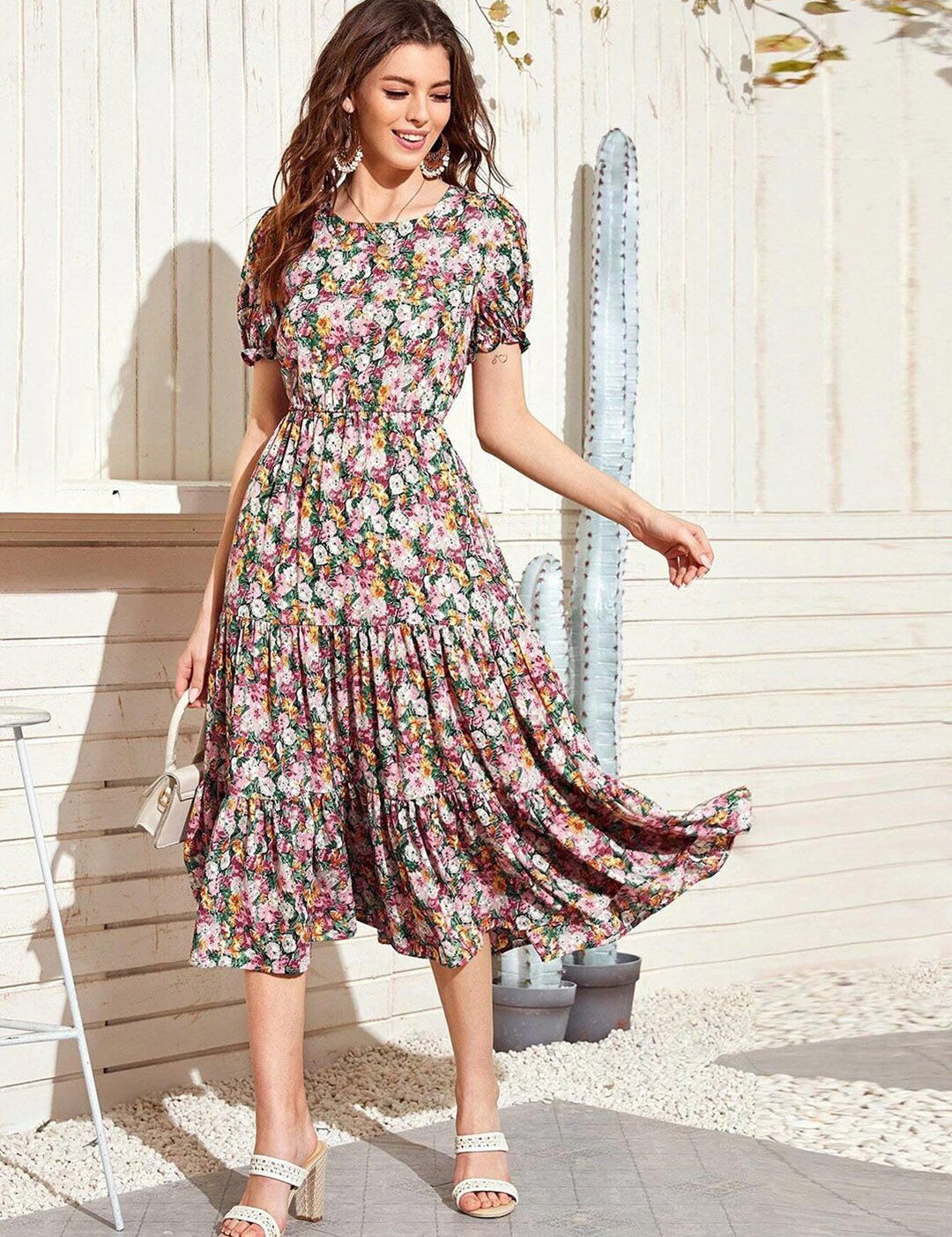 Kotty Floral Printed Puff Sleeves Midi Fit & Flare Dress