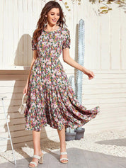 Kotty Floral Printed Puff Sleeves Midi Fit & Flare Dress