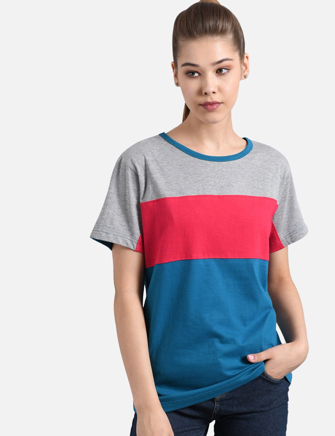 Kotty Women Blue & Grey Colourblocked Round Neck T-shirt