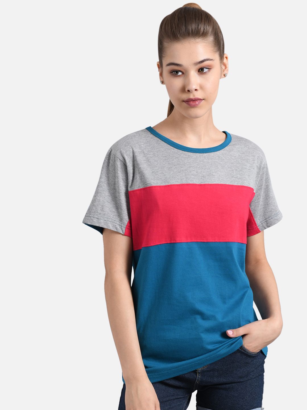 Kotty Women Blue & Grey Colourblocked Round Neck T-shirt