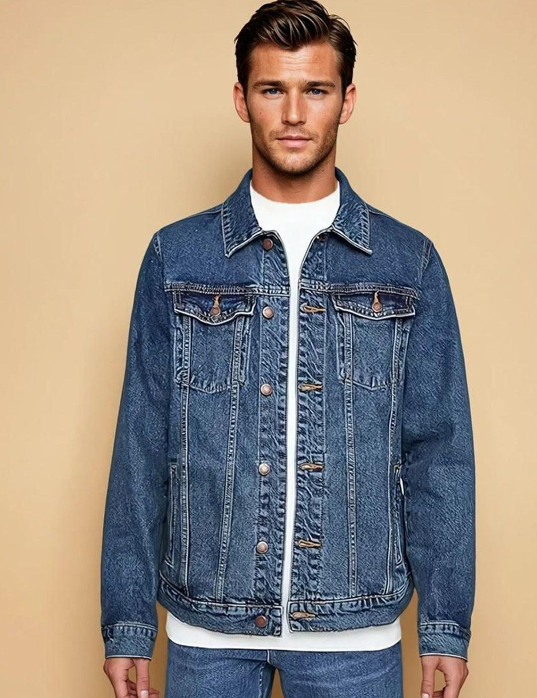 Kotty Men Spread Collar Solid Denim Jacket