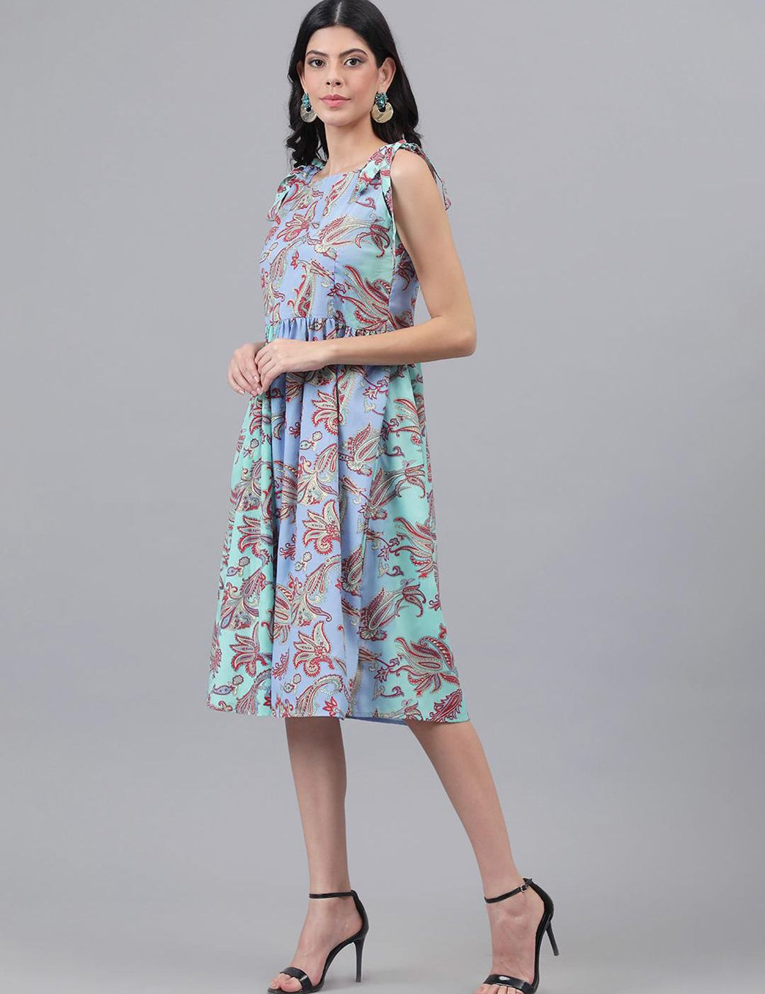 Kotty Purple And Sea Green Paisley Printed Fit & Flare Midi Dress