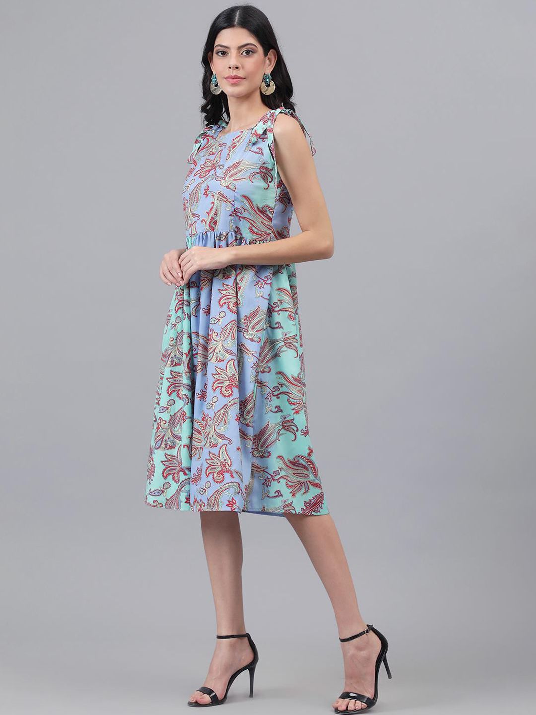 Kotty Purple And Sea Green Paisley Printed Fit & Flare Midi Dress