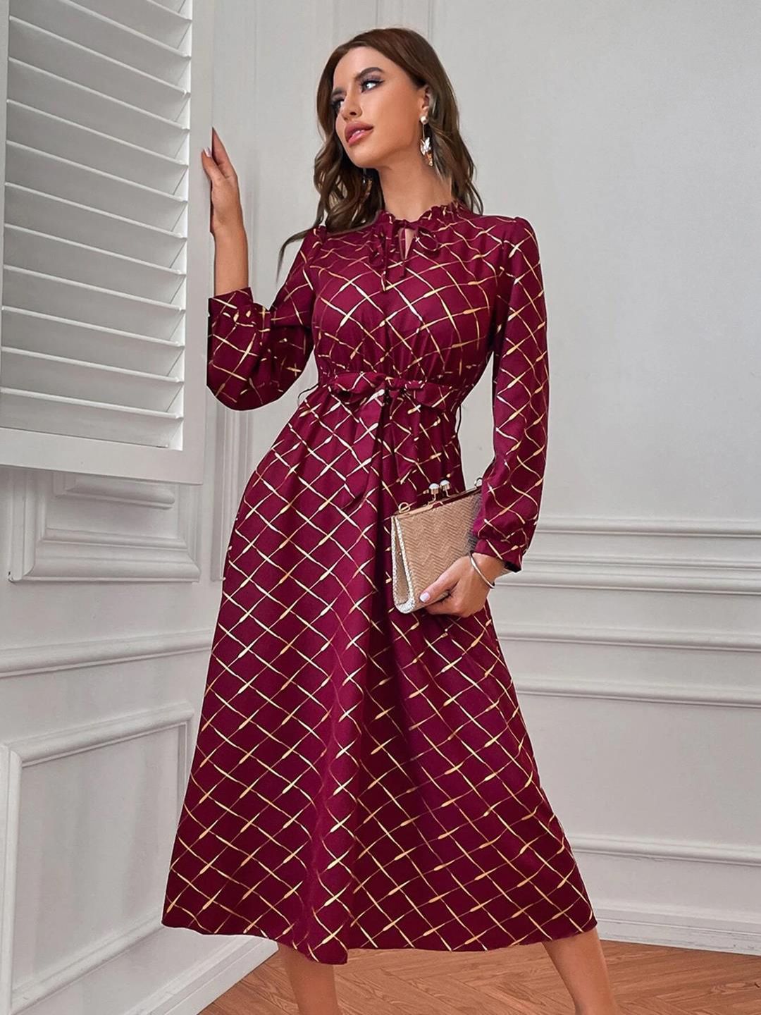 Kotty Maroon Checked Printed Tie-Up Neck Puff Sleeves Fit & Flare Midi Dress