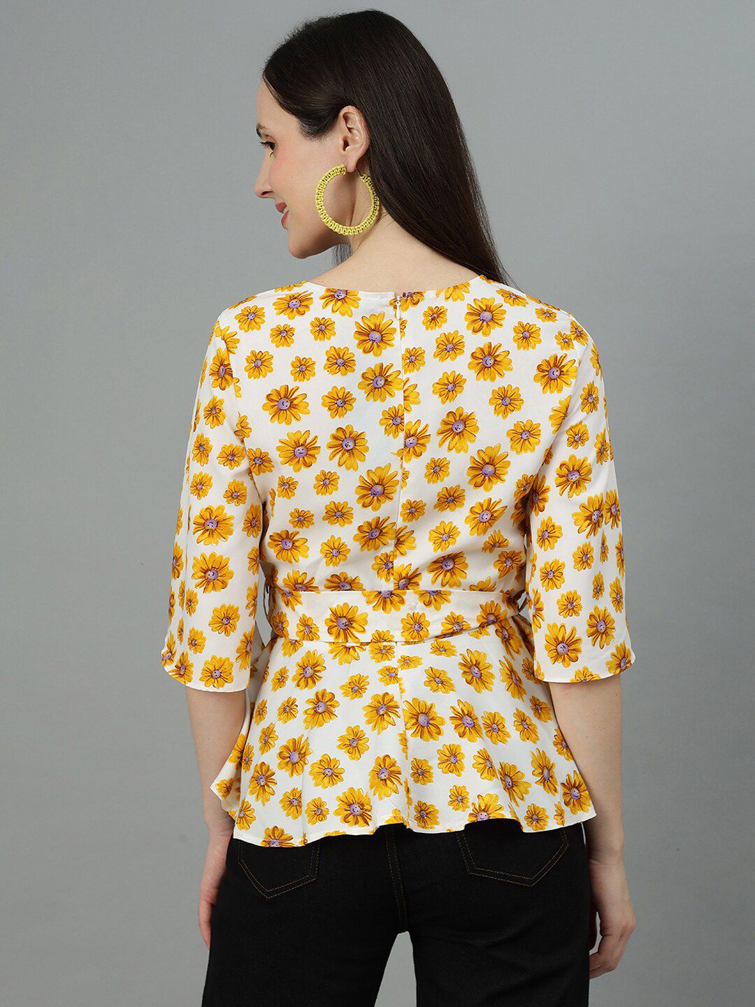 Kotty White & Yellow Floral Printed Flared Sleeves Peplum Top